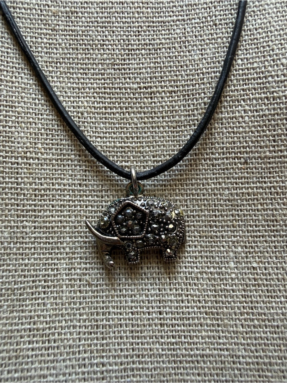 Silver Elephant Pendant Necklace - Black Cord